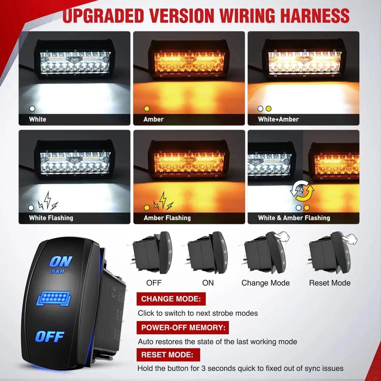 Wiring Harness Kit 16AWG Amber White Light Bar Wire Harness Kit 2 Leads W/ 12V 8Pin Switch | 2 Fuses | 6 Spade Connectors