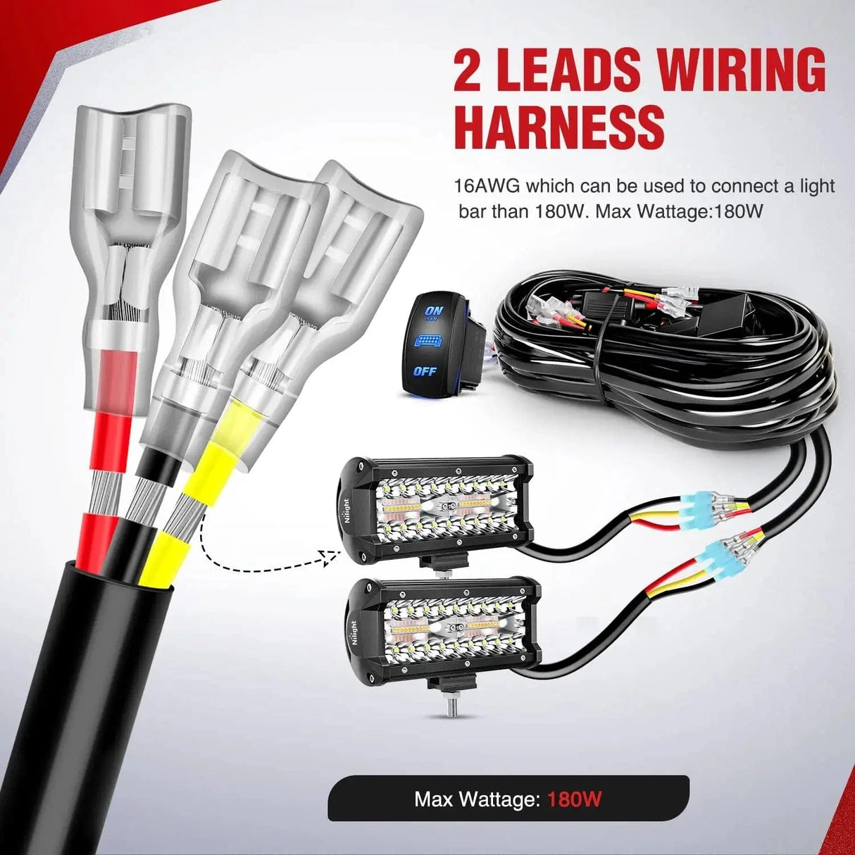 Wiring Harness Kit 16AWG Amber White Light Bar Wire Harness Kit 2 Leads W/ 12V 8Pin Switch | 2 Fuses | 6 Spade Connectors