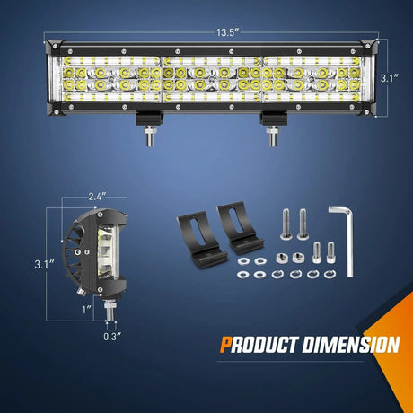 LED Light Bar 13.5 Inch 456W Side Shooter Quadruple Row Spot Flood LED Light Bar Kit | 16AWG Wire 3Pin Switch