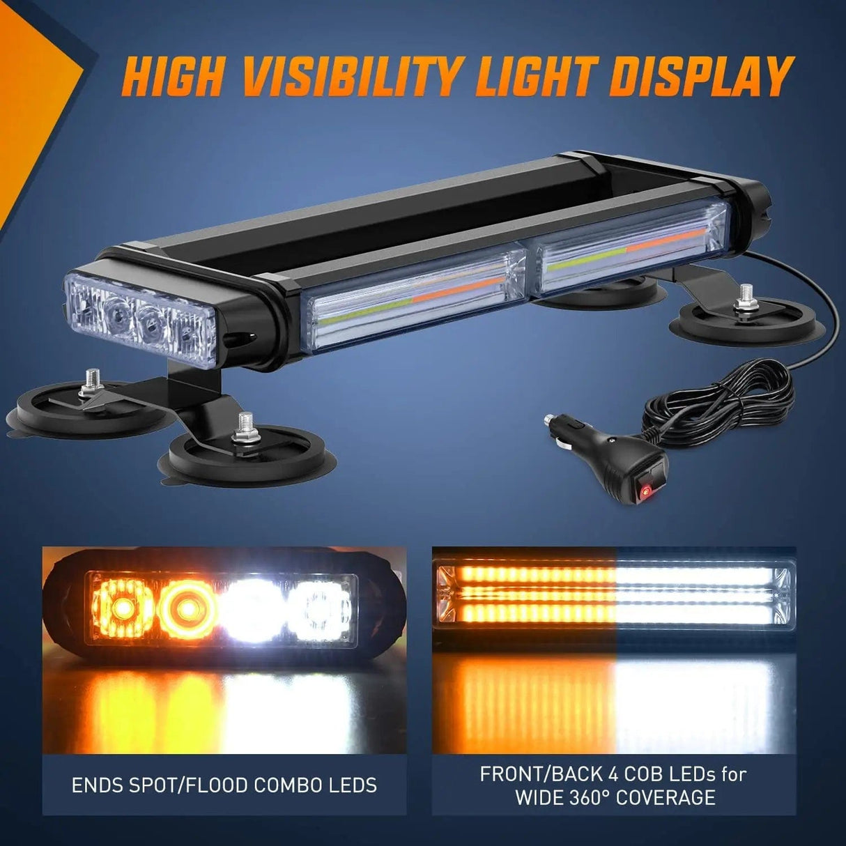 led strobe light 14.5 Inch Amber White COB LED Strobe Rooftop Flashing Magnetic Light Bar
