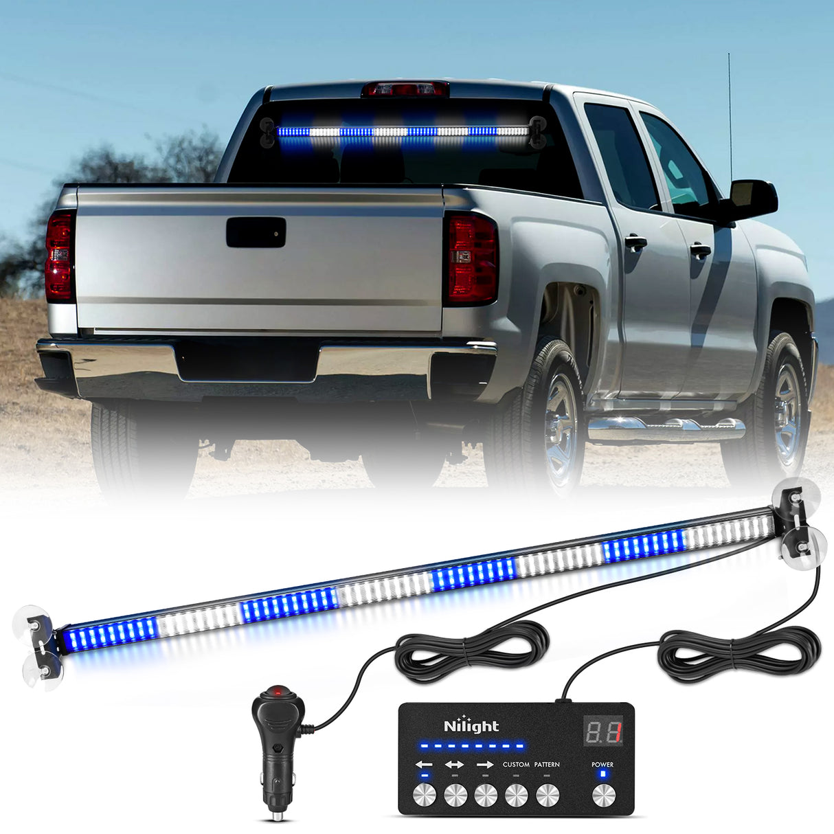 Nilight 144LED Traffic Advisor Strobe Light Bar with Controller Blue White Emergency Warning Lights Hazard Interior Front/Rear Windshield Flashing for Cars Plow Trucks Construction Vehicles