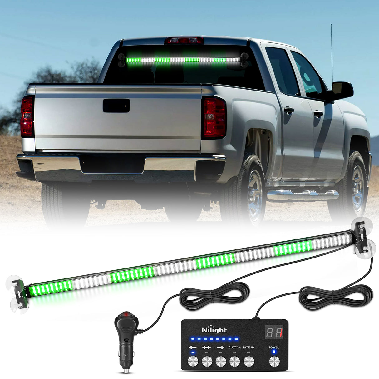 Nilight 144LED Traffic Advisor Strobe Light Bar with Controller Green White Emergency Warning Lights Hazard Interior Front/Rear Windshield Flashing for Cars Plow Trucks Construction Vehicles