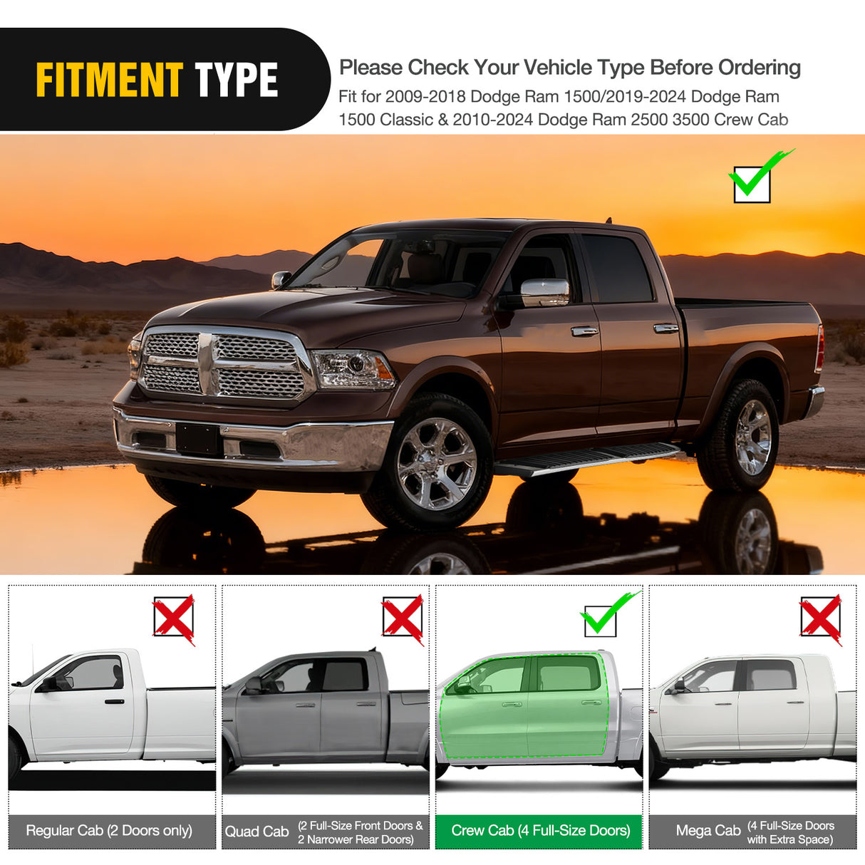 2009-2018 Dodge Ram 1500 Crew Cab 2019 2020 2021 2022 2023 2024 Dodge Ram 1500 Classic 2010 2011 2012 2013 2014 2015 2016 2017 2018 2019 2020 2021 2022 2023 2024 Dodge Ram 2500 3500 6 Inch Slip-Proof Stainless Steel Side Step Nerf Bars Running Boards