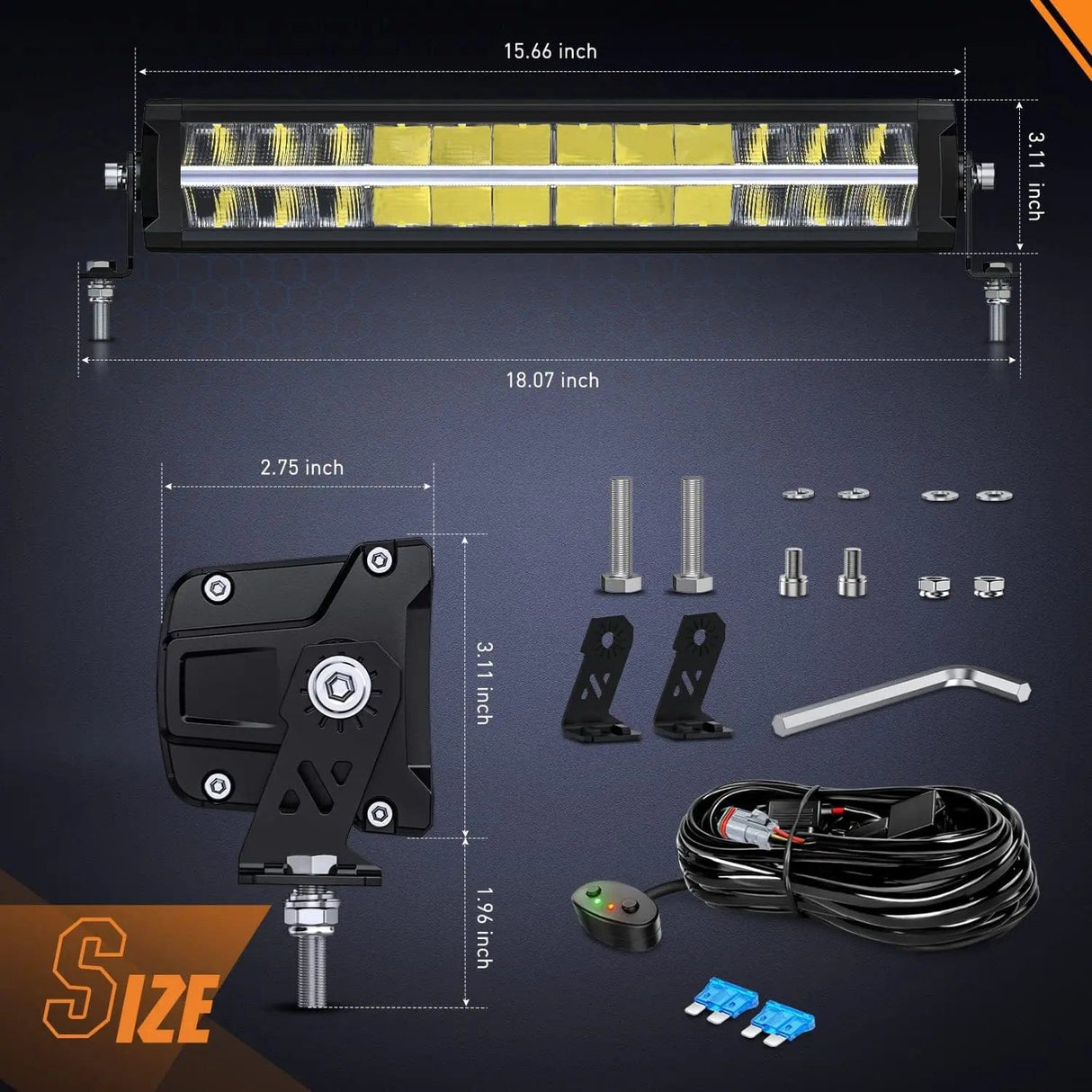 Motor Vehicle Lighting 16 Inch 120W 12400LM Anti-Glare Spot Flood DRL LED Light Bar Kit | 16AWG Wire DT Switch