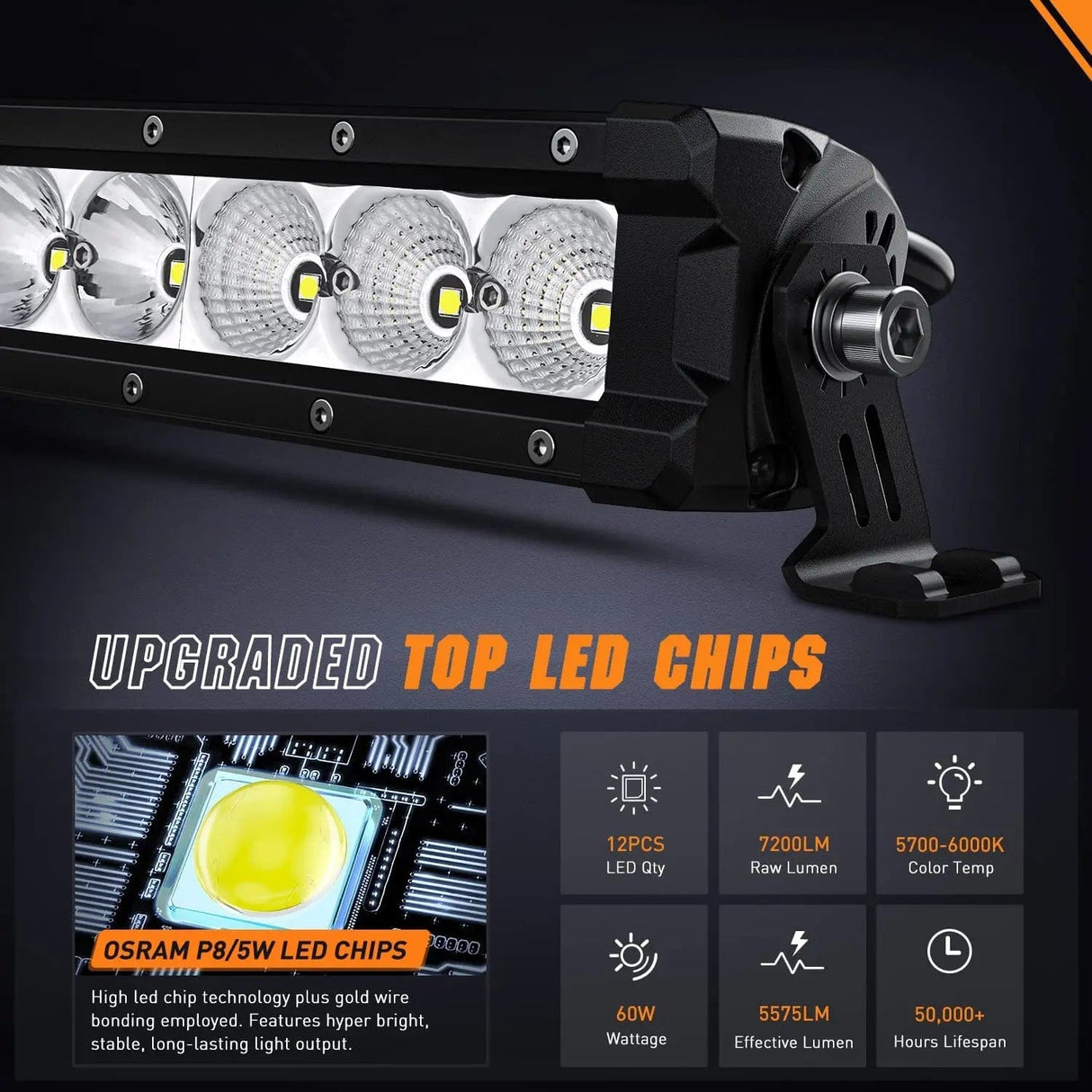 LED Light Bar 16 Inch 60W 7200LM Slim Spot Flood Osram P8-5W Chips Led Light Bar