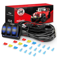 16AWG Wire Harness LED Light BAR Rear Lights and LED POD Lights 6 Leads W/ 3 Gang Rocker Switch | 9 Fuses | 12 Spade Connectors