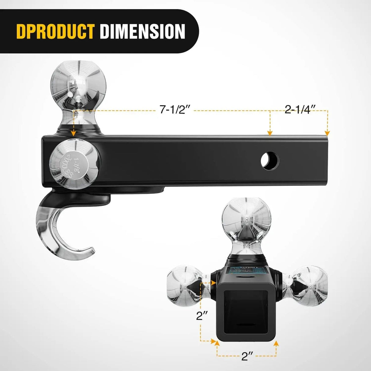 Trailer Hitch Hitch Ball Mount, 1-7/8in, 2in, 2-5/16in Balls and Tow Hook (2in Shank, 10000 lbs)