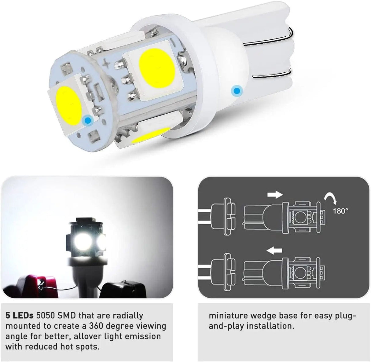 LED Headlight 194 T10 T5 6500K LED Bulbs (10 Packs)
