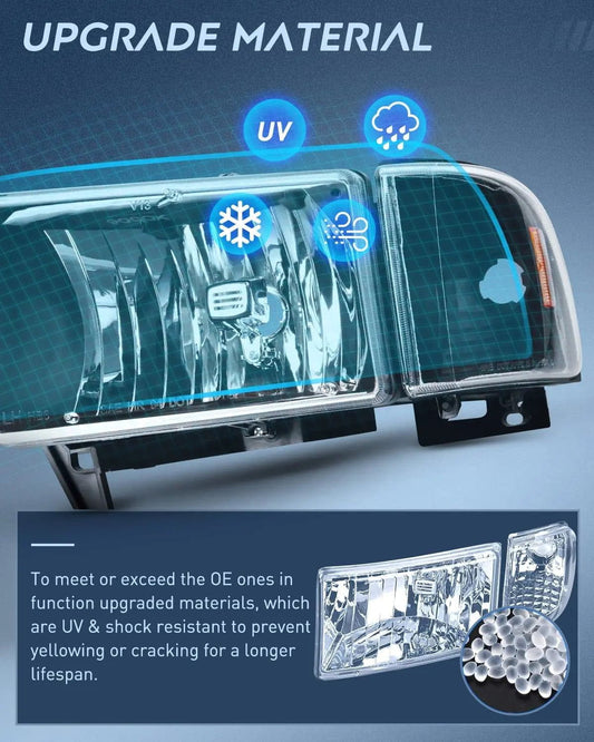 Headlight Assembly 1994-2002 RAM 1500 2500 3500 Headlight Assembly Black Case Amber Reflector