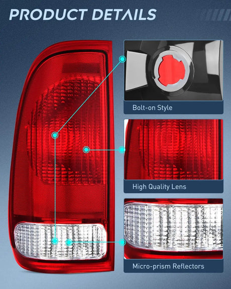 Taillight Assembly 1997 1998 1999 2000 2001 2002 2003 Ford F150 1997 1998 1999 Light Duty 1999 2000 2001 2002 2003 2004 2005 2006 2007 Ford Super Duty Tail light Assembly Red Housing Rear Lamp Replacement OE Style Driver Side