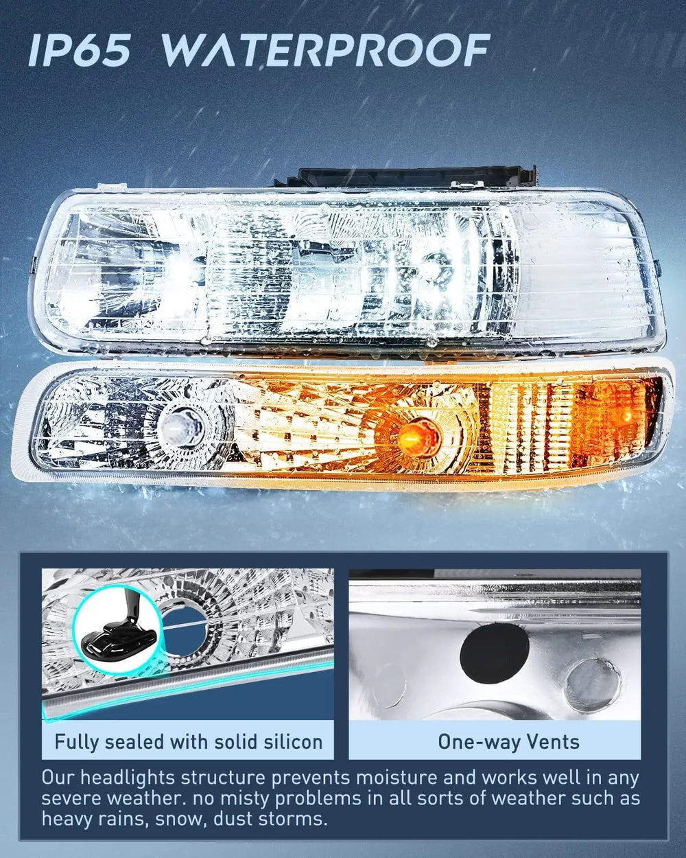 Headlight Assembly 1999-2002 Chevy Silverado Avalanche 1500 1500HD 2500 2500HD 3500 Chevrolet Tahoe Suburban Headlight Assembly Chrome Case Amber Reflector