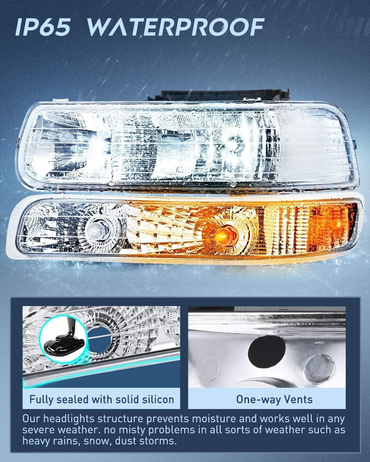 Headlight Assembly 1999-2002 Chevy Silverado Avalanche 1500 1500HD 2500 2500HD 3500 Chevrolet Tahoe Suburban Headlight Assembly Chrome Case Amber Reflector