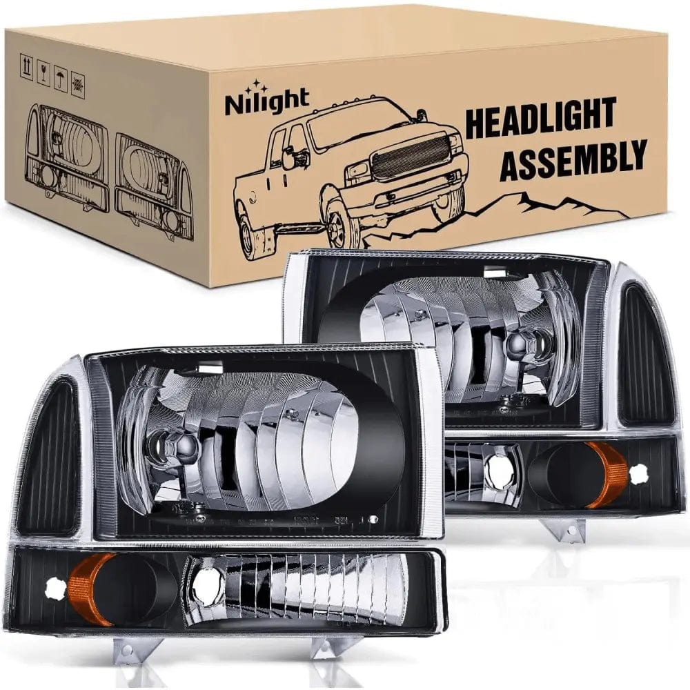 Headlight Assembly 1999 2000 2001 2002 2003 2004 Ford F250 F350 F450 F550 Headlight Assembly Black Case Amber Reflector