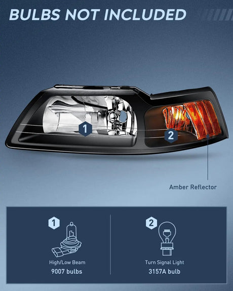 Headlight Assembly 1999 2000 2001 2002 2003 2004 Ford Mustang Headlight Assembly Black Case Amber Reflector