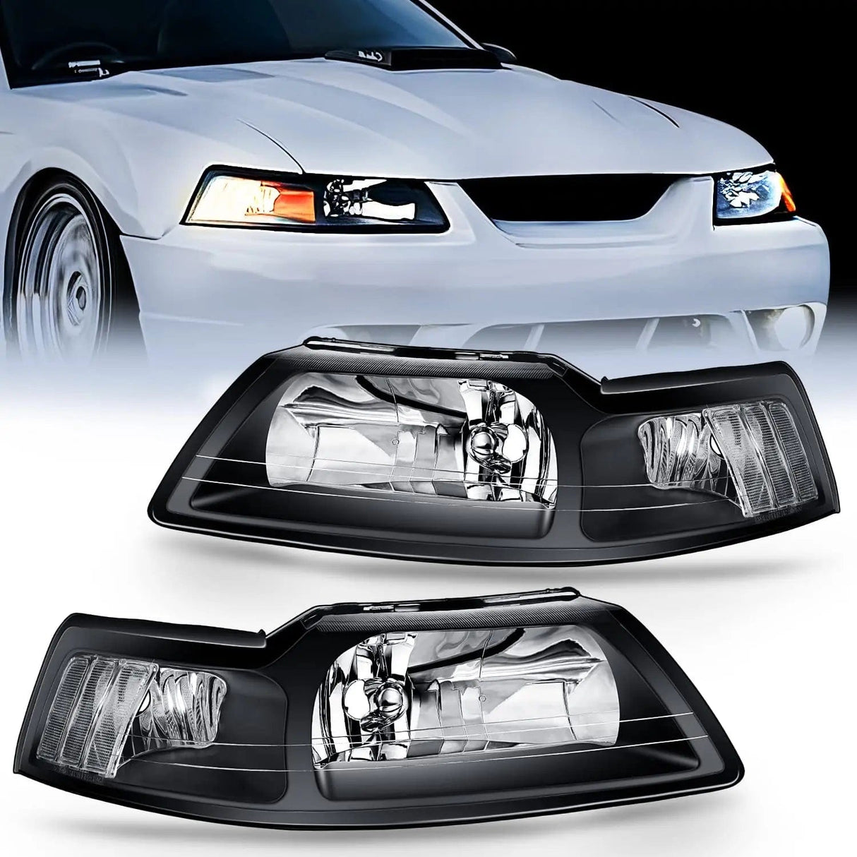 Headlight Assembly 1999 2000 2001 2002 2003 2004 Ford Mustang Headlight Assembly Black Case Clear Reflector