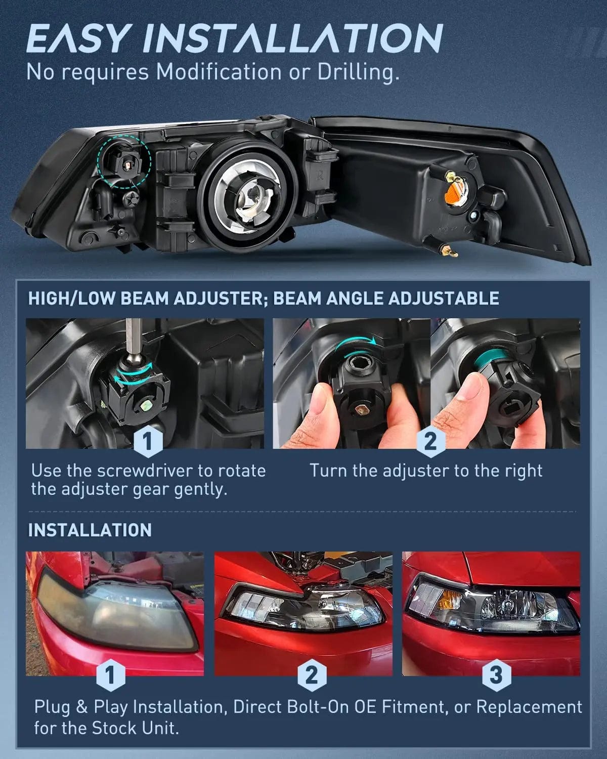 Headlight Assembly 1999 2000 2001 2002 2003 2004 Ford Mustang Headlight Assembly Black Case Clear Reflector