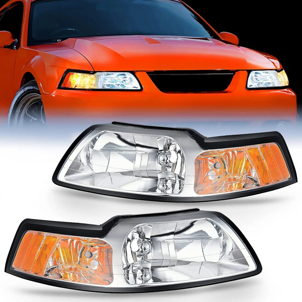Headlight Assembly 1999 2000 2001 2002 2003 2004 Ford Mustang Headlight Assembly Chrome Case Amber Reflector