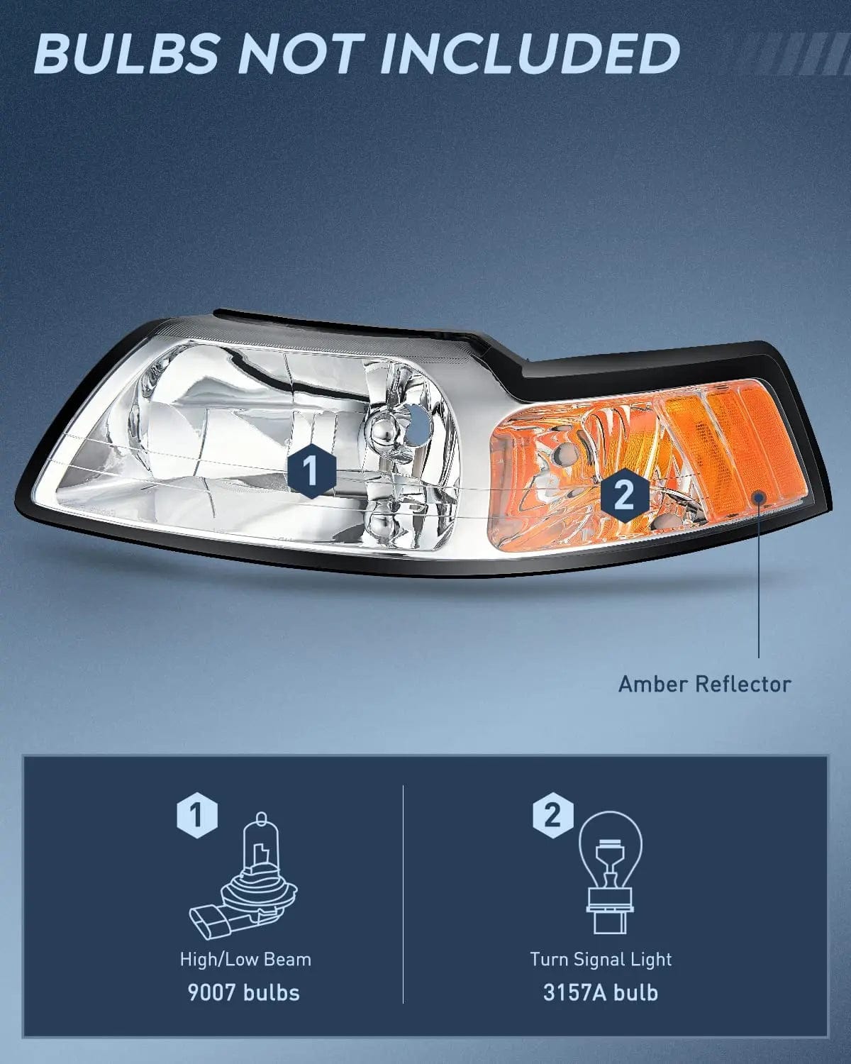Headlight Assembly 1999 2000 2001 2002 2003 2004 Ford Mustang Headlight Assembly Chrome Case Amber Reflector