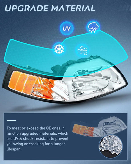 Headlight Assembly 1999 2000 2001 2002 2003 2004 Ford Mustang Headlight Assembly Chrome Case Amber Reflector