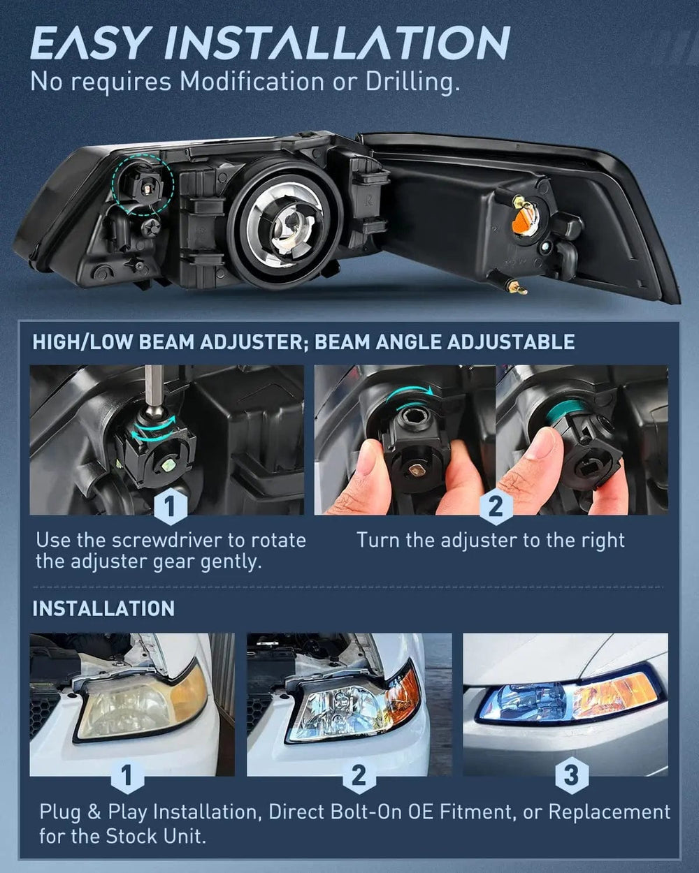 Headlight Assembly 1999 2000 2001 2002 2003 2004 Ford Mustang Headlight Assembly Chrome Case Amber Reflector