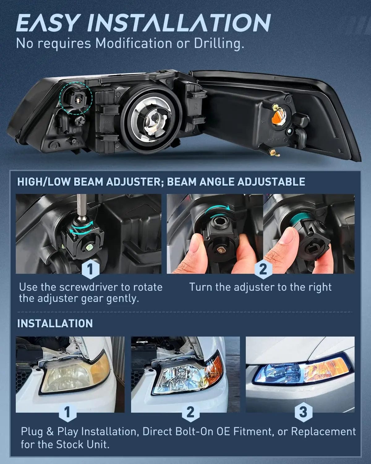 Headlight Assembly 1999 2000 2001 2002 2003 2004 Ford Mustang Headlight Assembly Chrome Case Amber Reflector