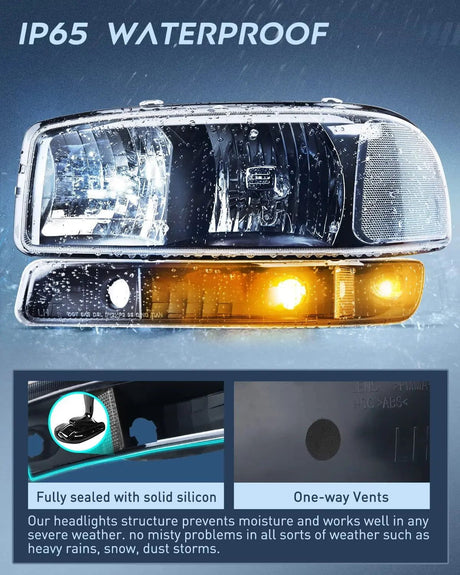 Headlight Assembly 1999-2006 GMC Sierra Yukon Headlight Assembly Black Case Clear Reflector