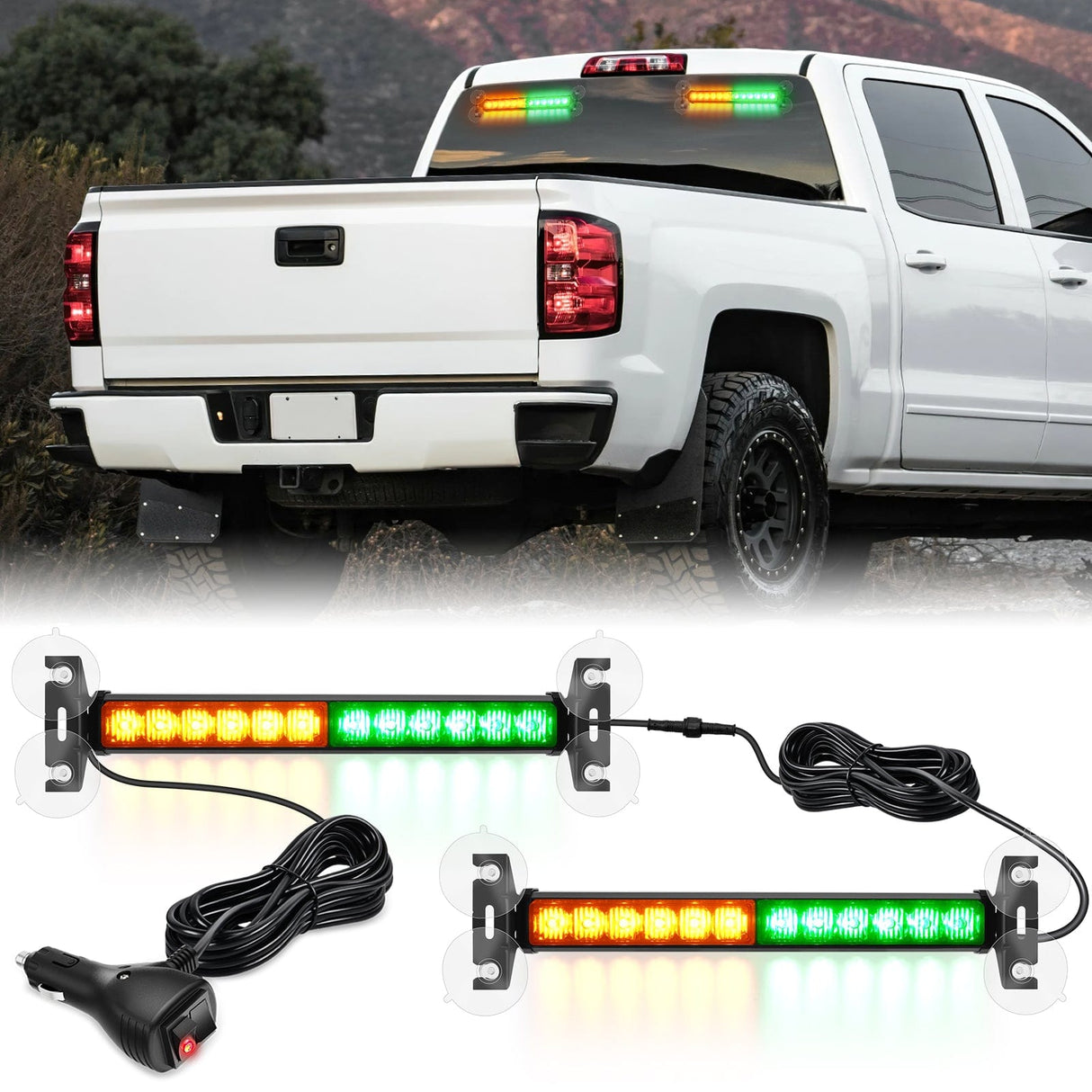 Led Strobe Light 24LED Emergency Strobe Traffic Advisor Light Bar 2 in 1 Amber Green Dash Warning Safety Flashing Lights Front/Rear Windshield Construction Lights for Trucks Cars Plow Police Vehicles