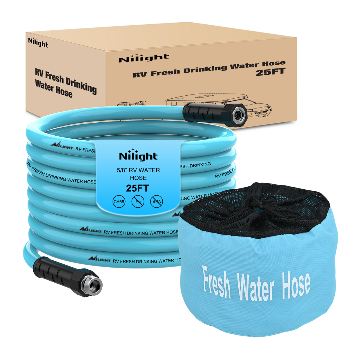 Nilight RV Parts RV Water Hose 25FT Garden Drinking Hoses with Storage Bag Leakproof Anti-Kink 5/8 Inch Inner Diameter Flexible Lightweight Freshwater Hose for RVs Campers Travel Trailer Boat Car Wash Accessories