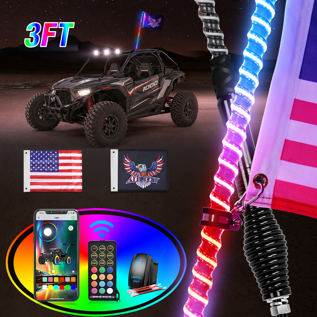 LED Whip Light 1 PC 3FT COB RGB Lighted Antenna Whips with Spring Base Remote & App Control DIY Chasing Patterns for Can-am Offroad ATV UTV RZR Polaris Dune Buggy 4-Wheeler Truck