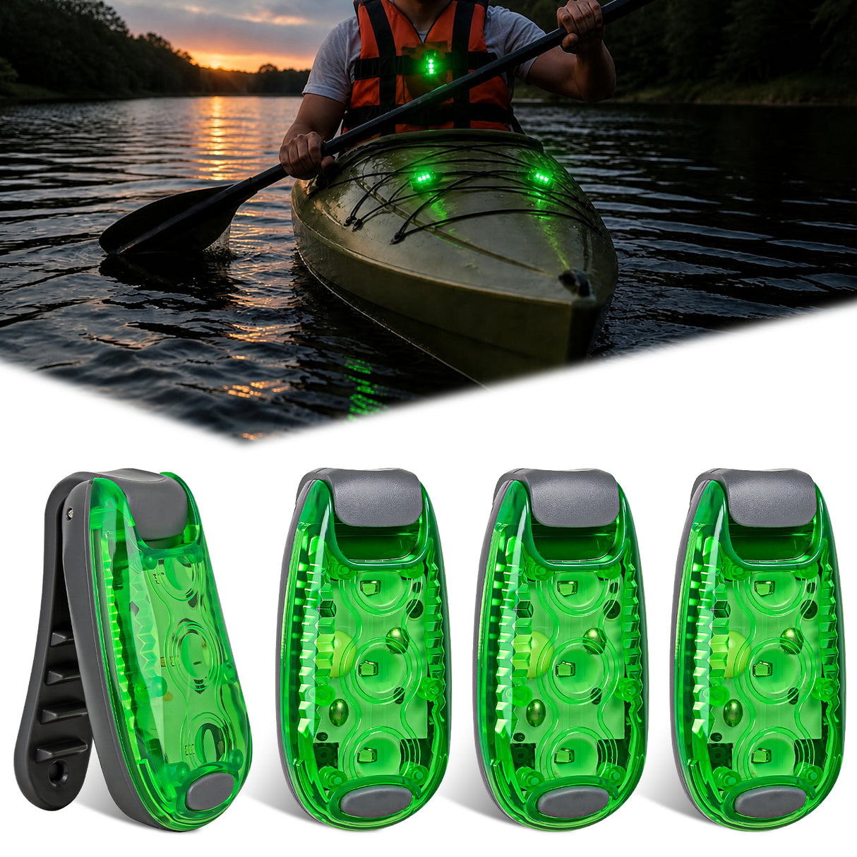LED Safety Light 4PCS Green Marine Navigation Bike Tail Lights Three Modes Waterproof Reflective Gear Clip On Flash Strobe Indicator Lamp for Night Boating Fishing Cycling Jogging