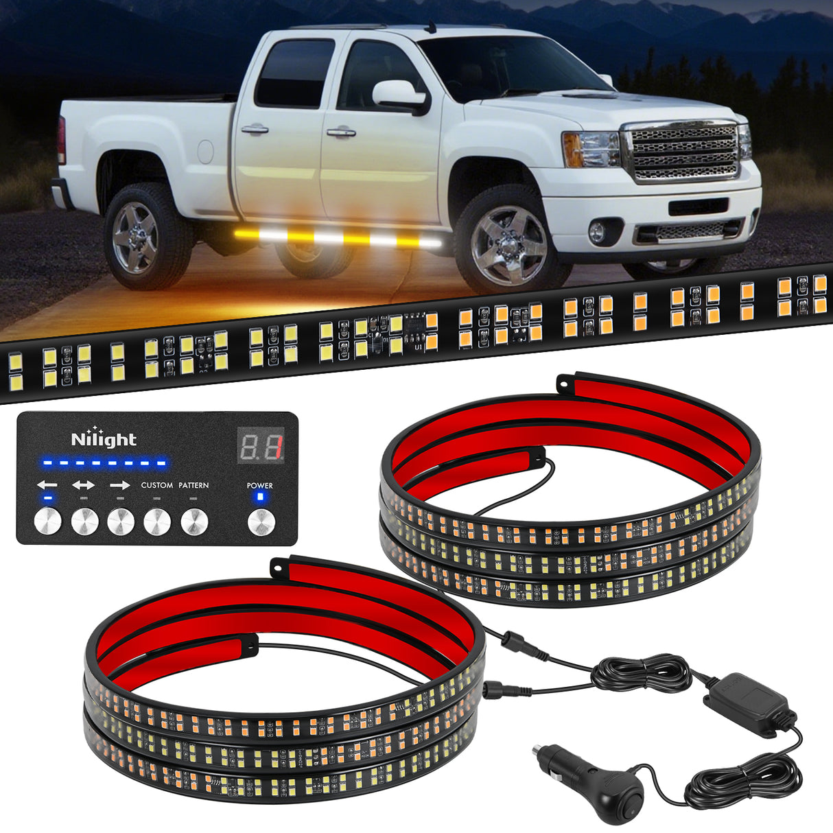 Nilight 2PCS 70 Inch Emergency Strobe Light Strip with Controller 864 LED Amber White Running Board Lights Flexible Side Flashing Warning Caution Safety Waterproof for Truck Construction Pickup