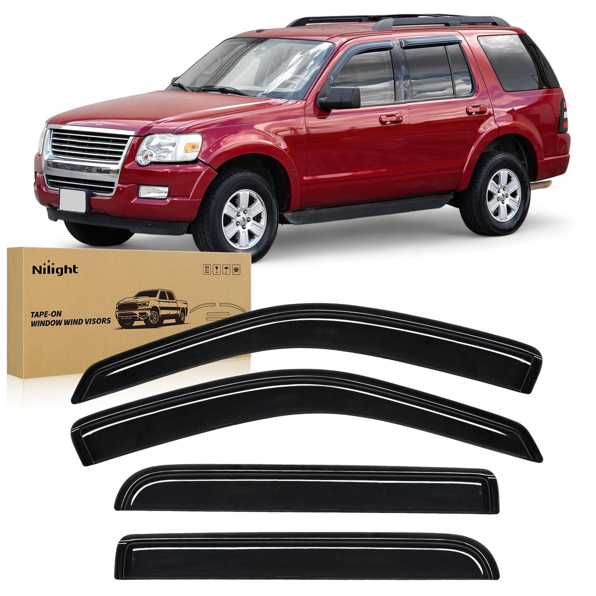 Rain Guards Tape-On Rain Guards for Ford Explorer 2002 2003 2004 2005 2006 2007 2008 2009 2010, Window Visors Vent Wind Deflectors-4PCS