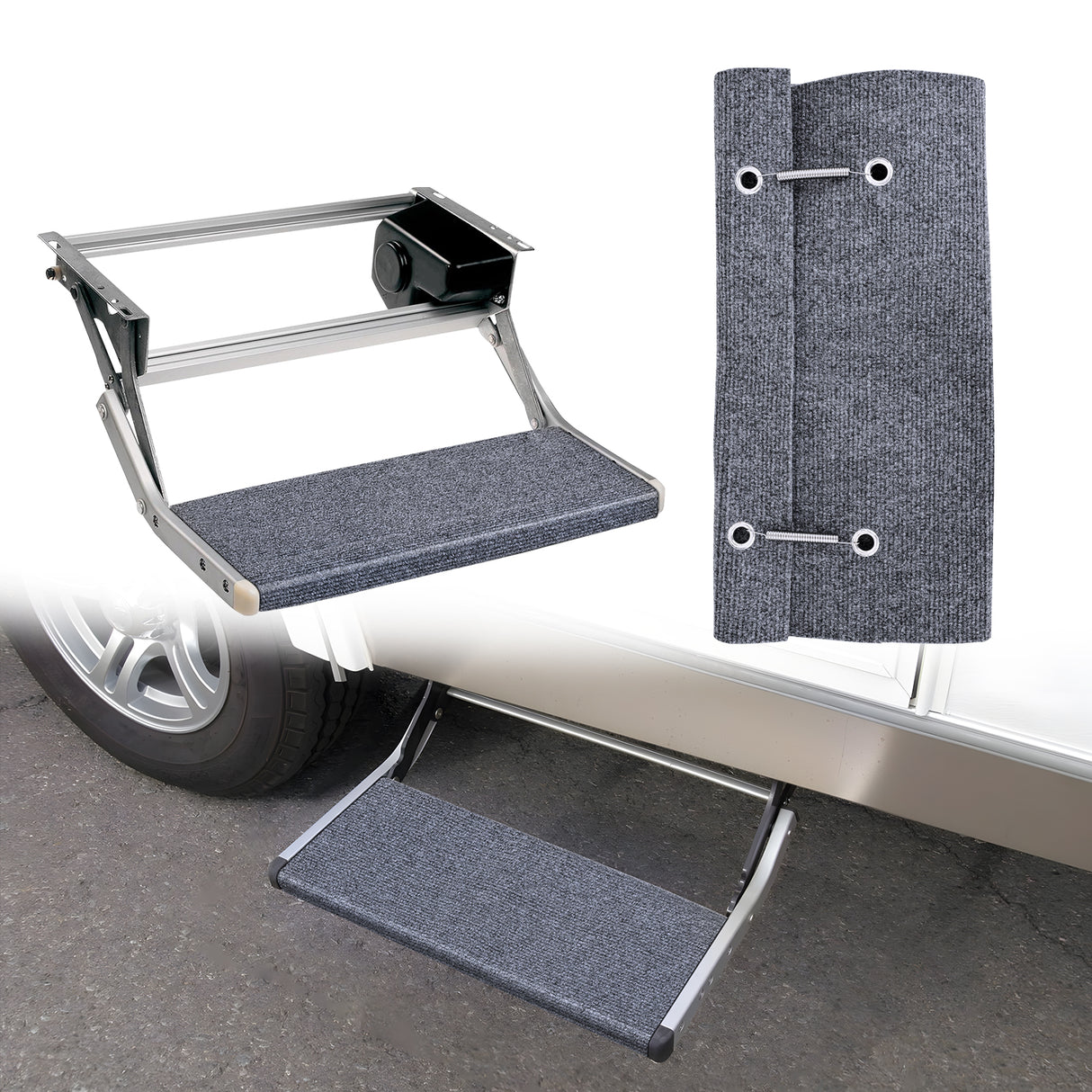 Nilight RV Step Covers 1 Pack 18 inch, Fits 8-11Inch Deep Camper Steps Adjustable Wrap Around RV Step Rug with Spring Works on Electrical & Manual RV Stairs Carpet for Camper Trailers Steps Outside, Gray
