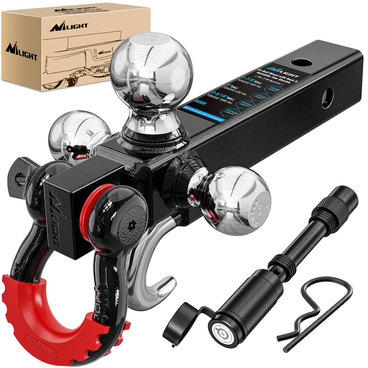 Trailer Hitch Tri-Ball Mount with Hook and Rotatable Tow Anti-Theft 3/4Inch Shackle Fits for 2inch Receiver Ball Size 1-7/8Inch 2Inch 2-5/16Inch GTW from 5000lbs to 10000lbs for RV SUV ATV Truck