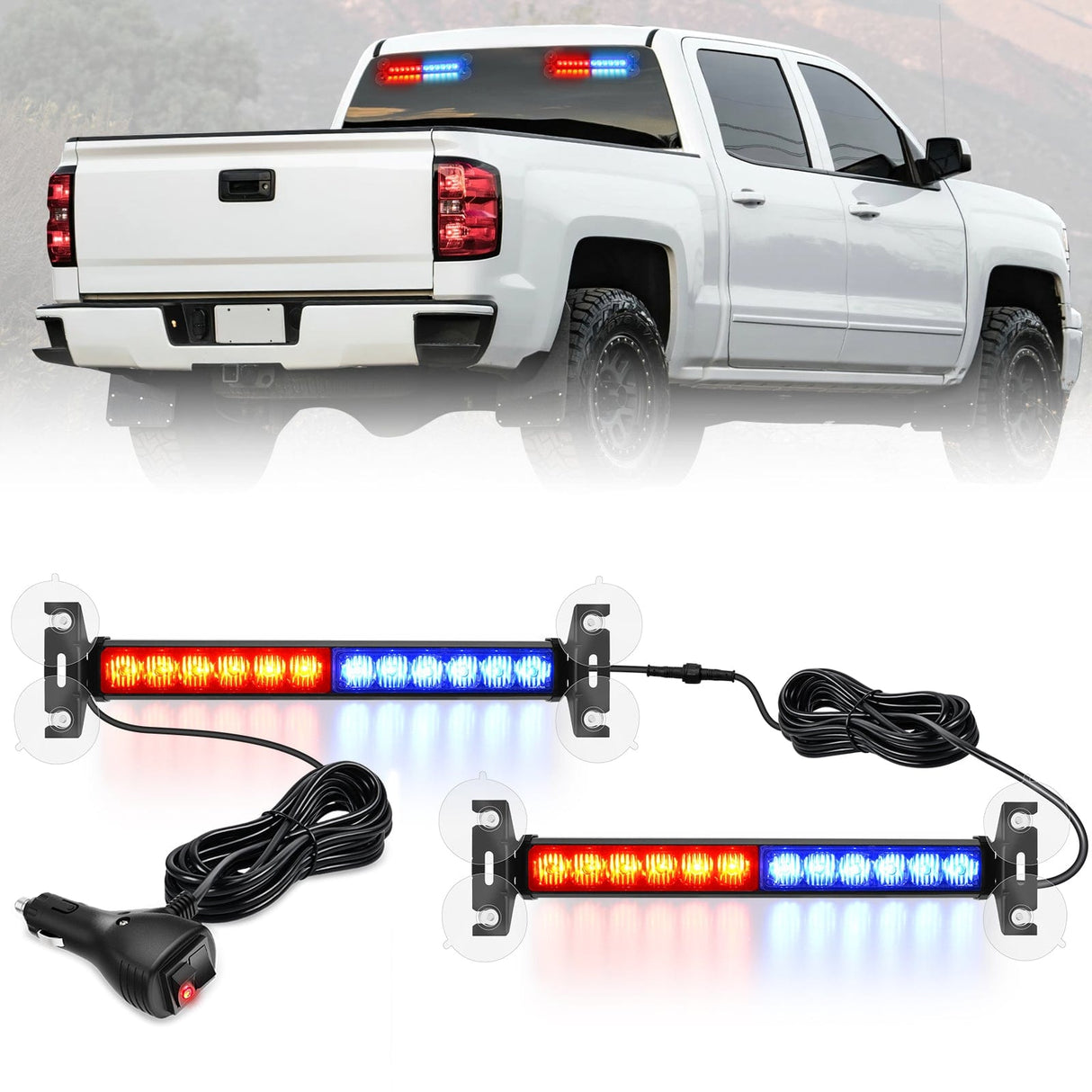 Led Strobe Light 24LED Emergency Strobe Traffic Advisor Light Bar 2 in 1 Red Blue Dash Warning Safety Flashing Lights Front/Rear Windshield Construction Lights for Trucks Cars Plow Police Firefighter Vehicles