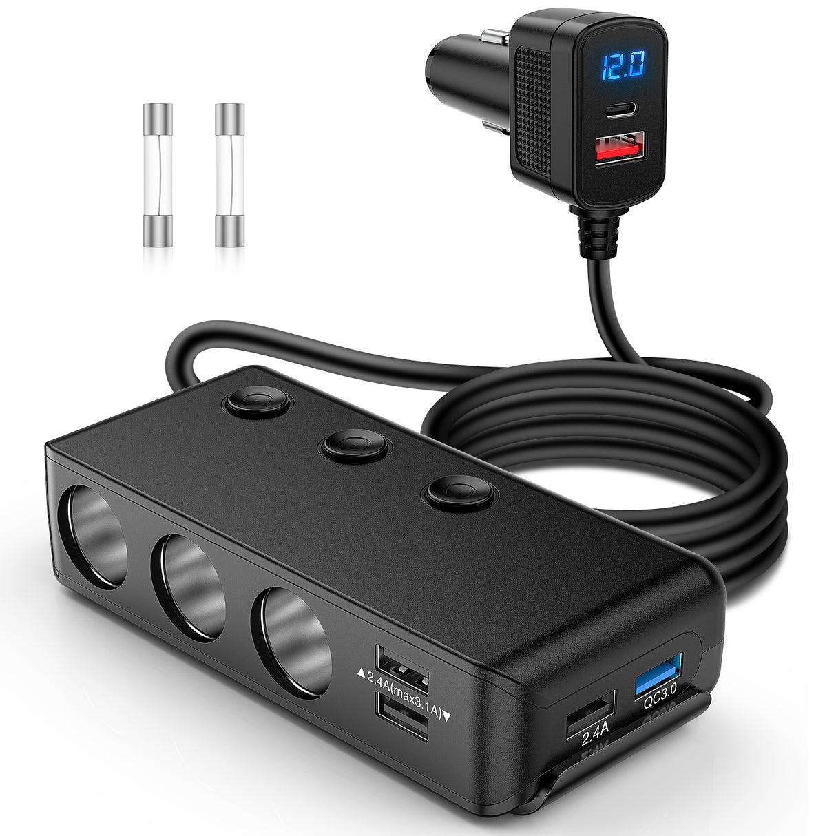 Nilight 9 in 1 Cigarette Lighter Adapter Splitter QC 3.0 3 Sockets 4 USB Ports Power Splitter with PD/QC 3.0 Independent Switches LED Voltage Display for 12V/24V Cars Van Truck Camper