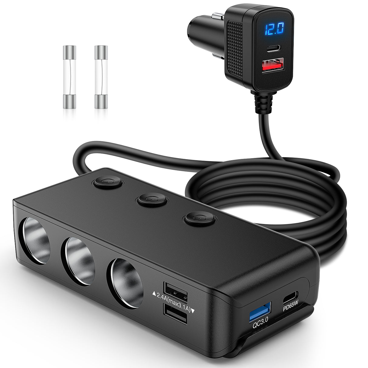 Nilight 9 in 1 Cigarette Lighter Adapter Splitter 3 Sockets PD 65W and QC3.0 18W Ports with Independent Switches LED Voltage Display for 12V 24V Cars SUV Van Truck Jeep Camper