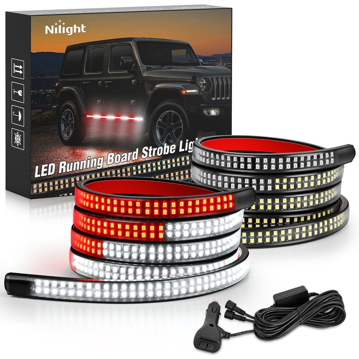 Led light Strip 2PCS 70 Inch Emergency Strobe Light Strip 1125 LED Running Board Lights Red White Flexible Side Flashing Warning Caution Safety Waterproof for Truck Construction Vehicles Pickup