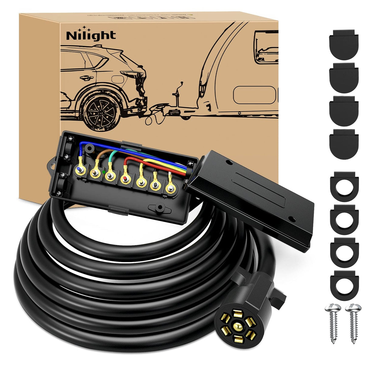 Wiring Harness Kit 12 Feet Heavy Duty 7 Way Inline Trailer Plug with 7 Gang Junction Box