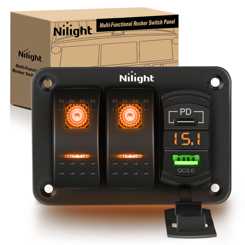 Rocker Switch 2 Gang Switch Panel With QC3.0 & PD Charger And Voltmerter with Orange Backlit