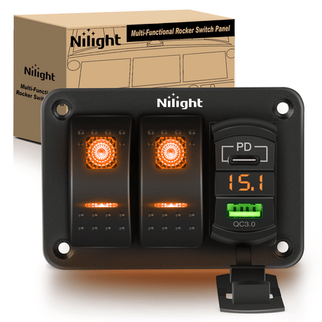 Rocker Switch 2 Gang Switch Panel With QC3.0 & PD Charger And Voltmerter with Orange Backlit