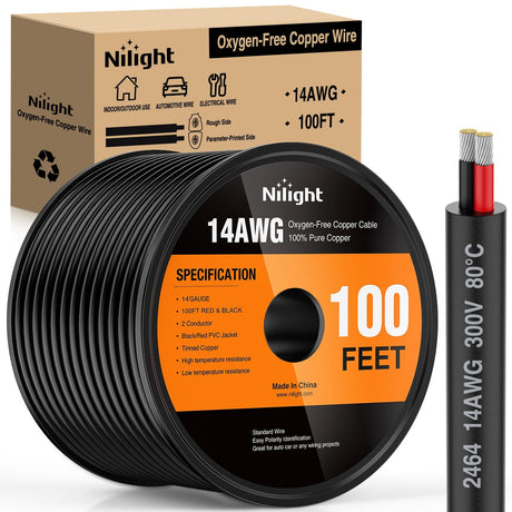 Wiring Harness Kit 100FT 14AWG Oxygen-Free Copper Wire Red Black Electrical Wire Stranded PVC Cord 2 Conductor Parallel 300V DC Flexible Extension Cords