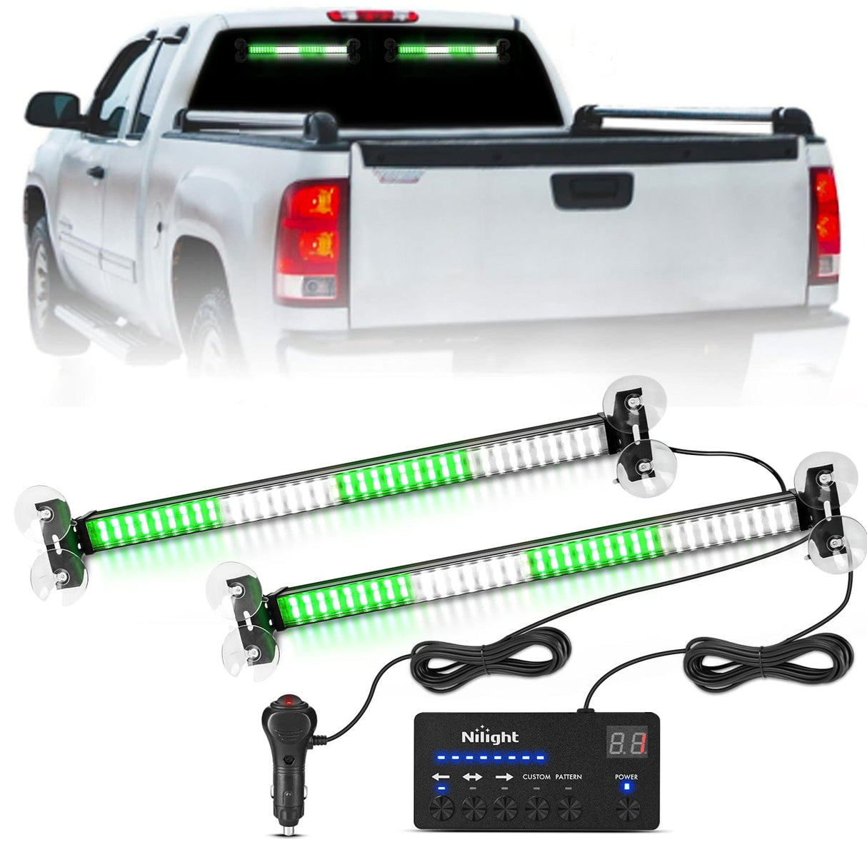 Led Strobe Light 144 LED Strobe Traffic Advisor Light Bar Green White with Controller 2 in 1 Automotive Emergency Warning Flashing Police Windshield Lights Bars for Cars Tow Plow Trucks Construction Vehicles