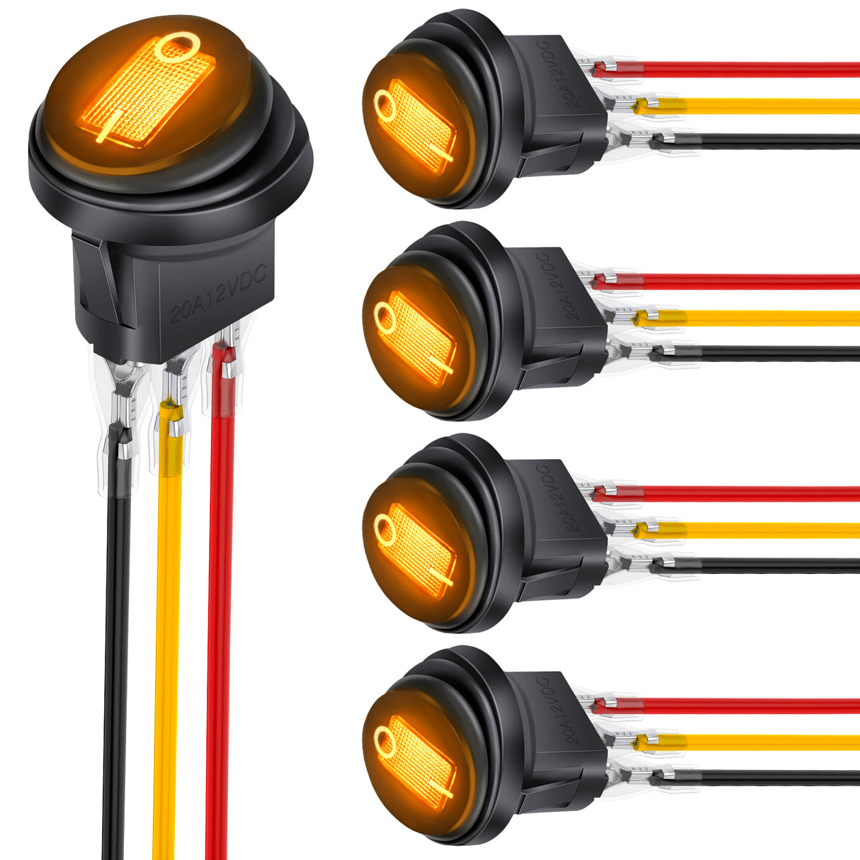 Nilight 5Pcs Waterproof Round Rocker Toggle Yellow LED Switch 12V 20A 3 Pin ON Off SPST for Car Truck Boat Marine Automotive RV with Locked Terminal Wires