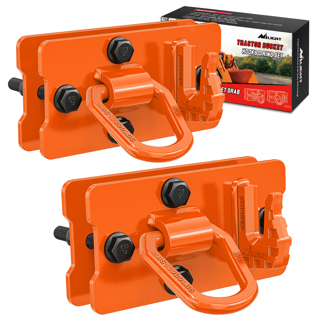 Nilight 2PCS Tractor Bucket Hooks with Tie Down Ring, Bolt-On Grab Hook with Back Plates Compatible with Trailer RV UTV Truck, Grade 70 Grade Forged Steel Max 15000 lbs, Orange