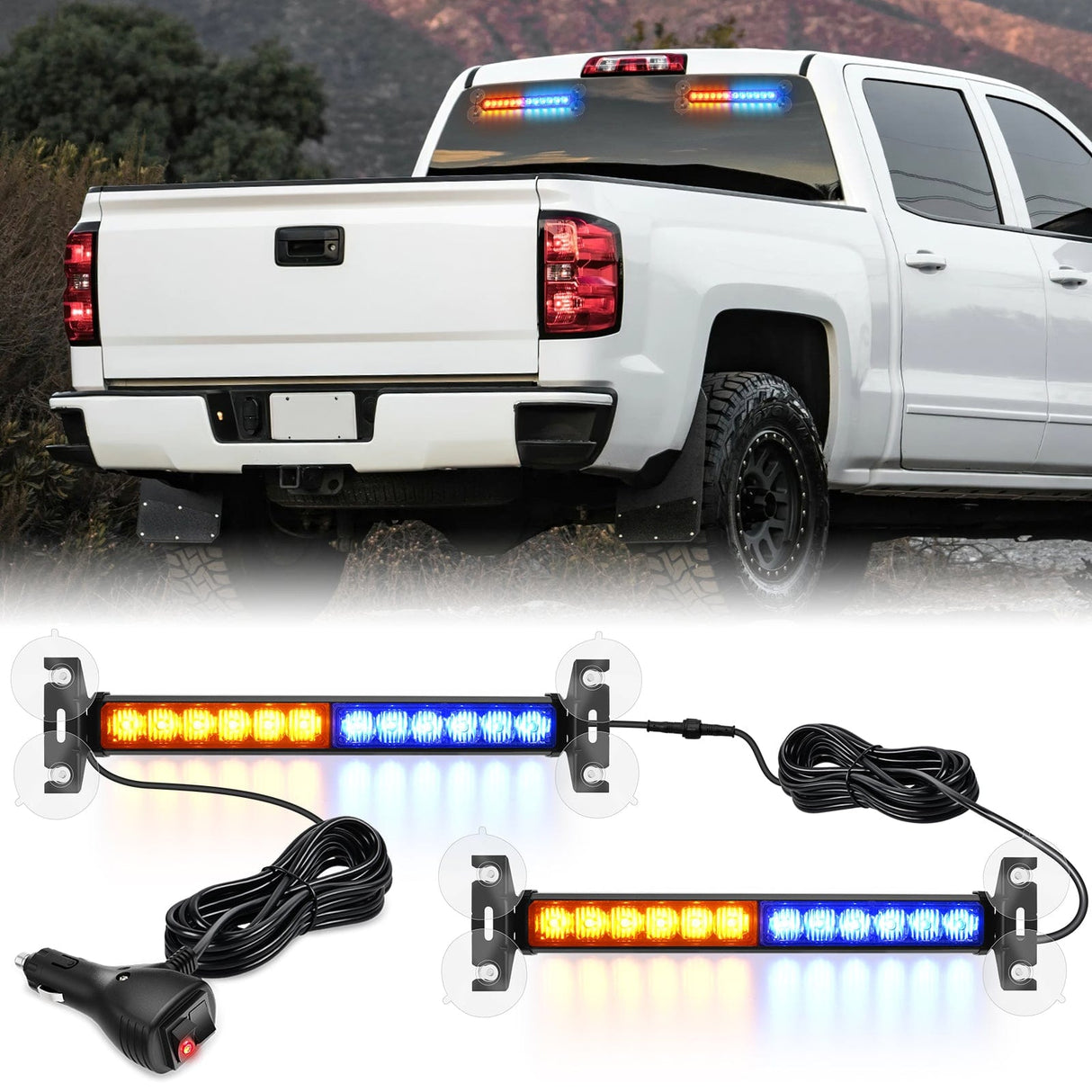 Led Strobe Light 24LED Emergency Strobe Traffic Advisor Light Bar 2 in 1 Amber Blue Dash Warning Safety Flashing Lights Front/Rear Windshield Construction Lights for Trucks Cars Plow Police Vehicles