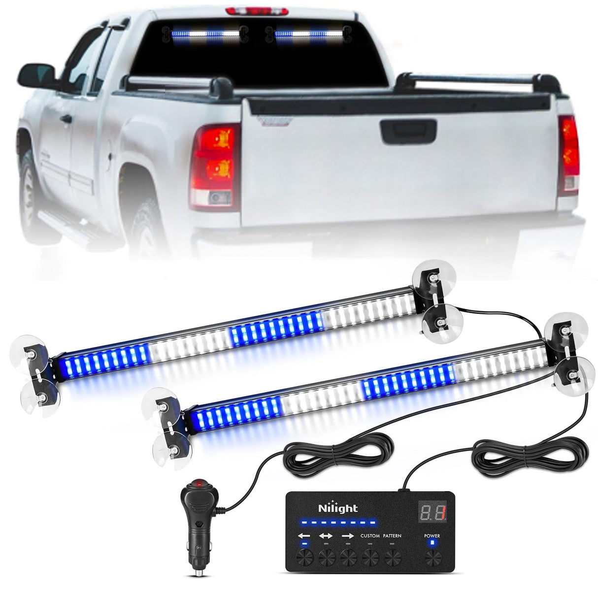 Led Strobe Light 144 LED Strobe Traffic Advisor Light Bar Blue White with Controller 2 in 1 Automotive Emergency Warning Flashing Police Windshield Lights Bars for Cars Tow Plow Trucks Construction Vehicles