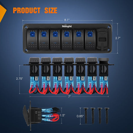Rocker Switch 6 Gang Switch Panel With QC3.0 & PD Charger And Voltmerter with Blue Backlit