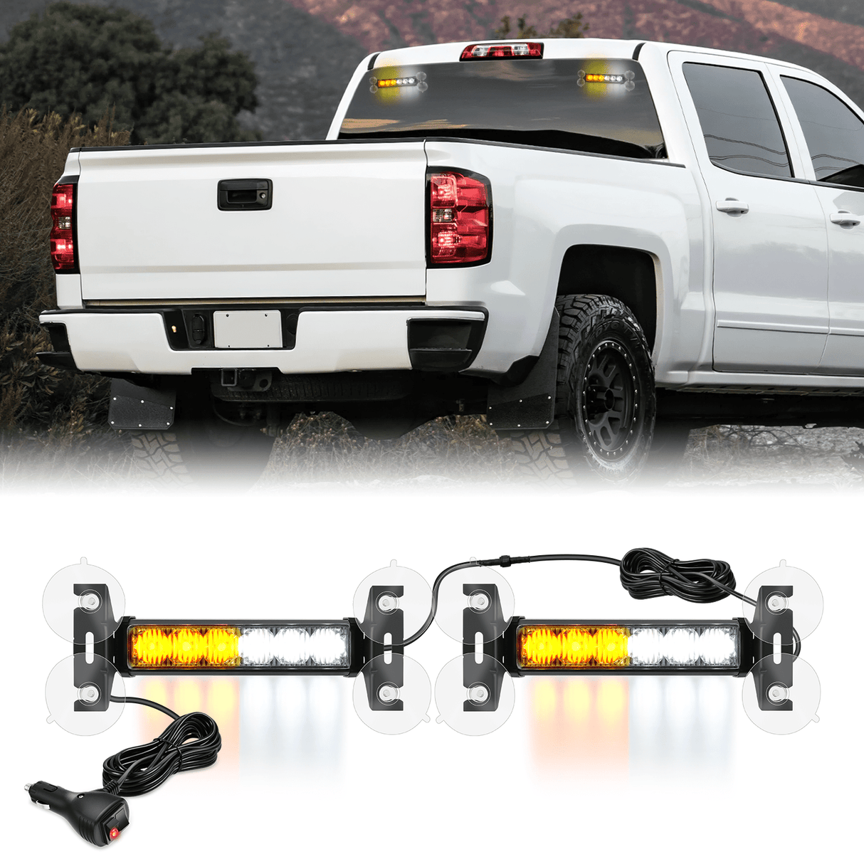 Led Strobe Light 12LED Emergency Strobe Traffic Advisor Light Bar 2 in 1 Amber White Dash Warning Safety Flashing Lights Front/Rear Windshield Construction Lights for Trucks Cars Plow Police Vehicles