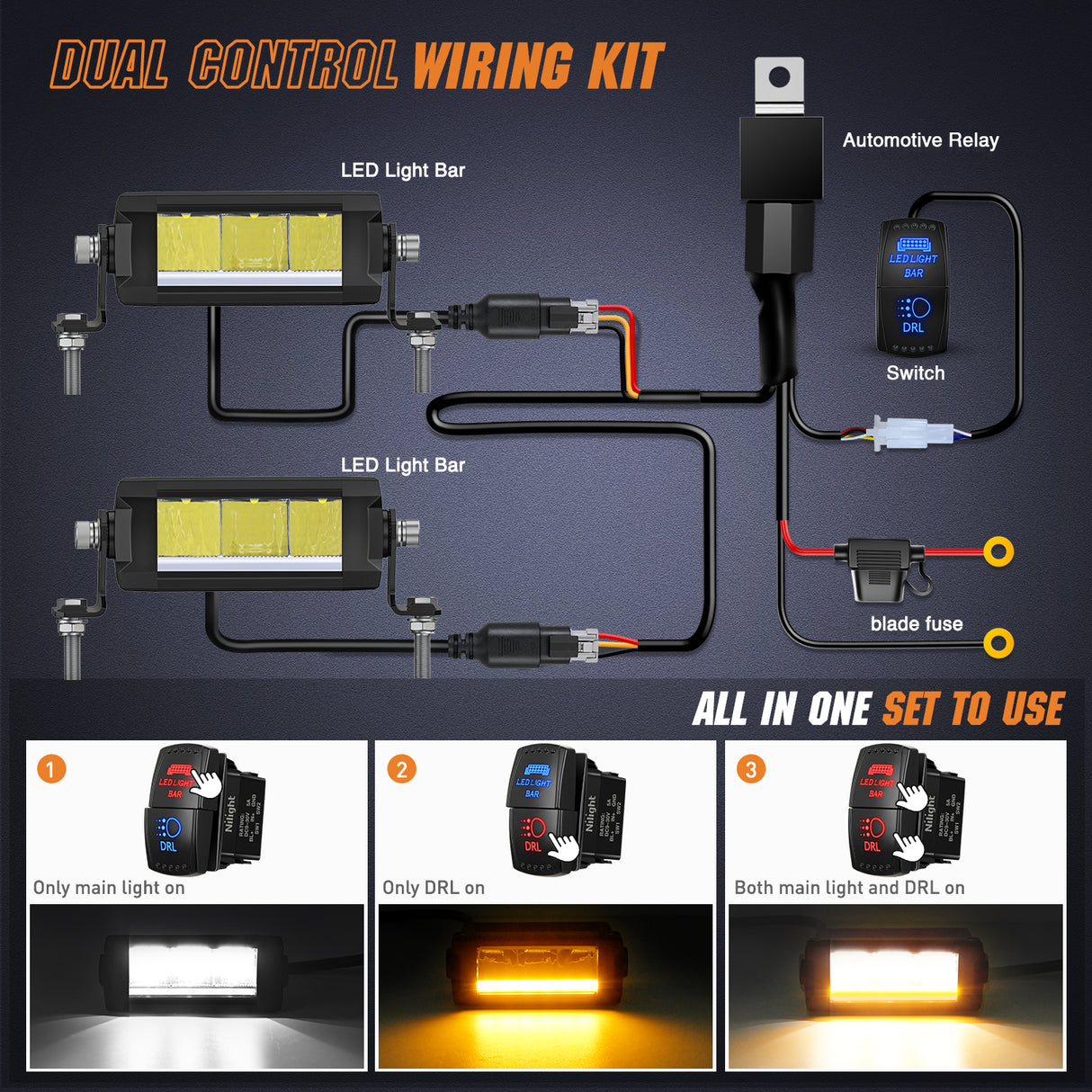LED Light Bar with Amber DRL 2 PCS 15 W 5.3 Inch Single Row 1680 LM Anti-Glare Spot Offroad Slim Driving Lights IP68 w/ 16AWG DT Wiring Kit for Pickup Truck SUV ATV UTV Boat 4x4 Jeep